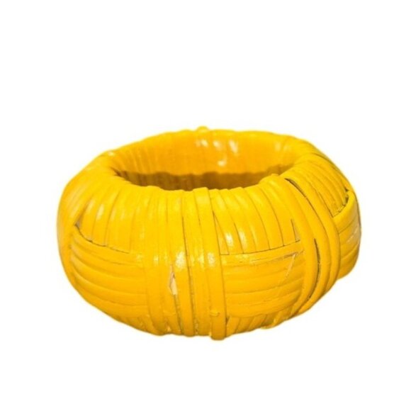 Set Of 4 Retro Groovy Green & Yellow Cloth Napkins W/ Wicker Napkin Rings Boho - Picture 8 of 10